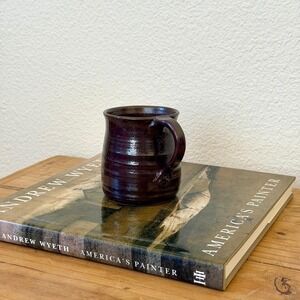 Studio Pottery Mug Dark Brown Tenmoku Glaze Signed Handmade Stoneware‎ Coffee